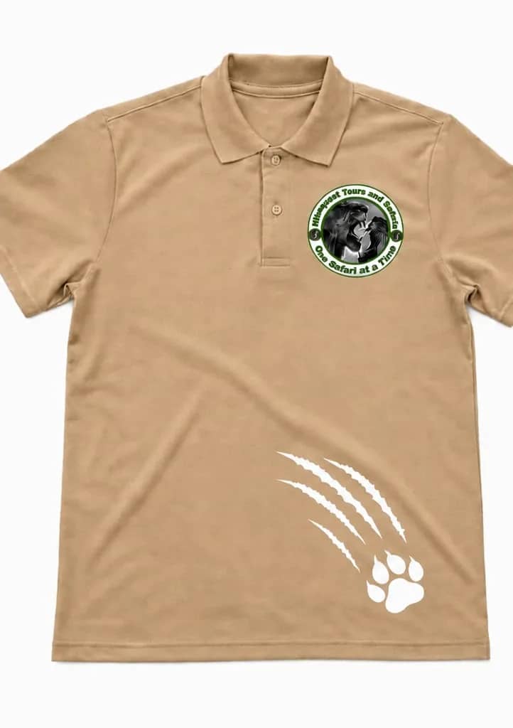 The front of the khaki HikeQuest polo shirt, badge on the left chest and a paw print on the hem