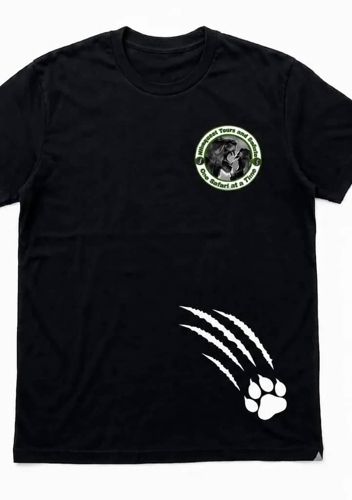 The front of the black HikeQuest round neck t-shirt, badge on the left chest and a paw print on the hem
