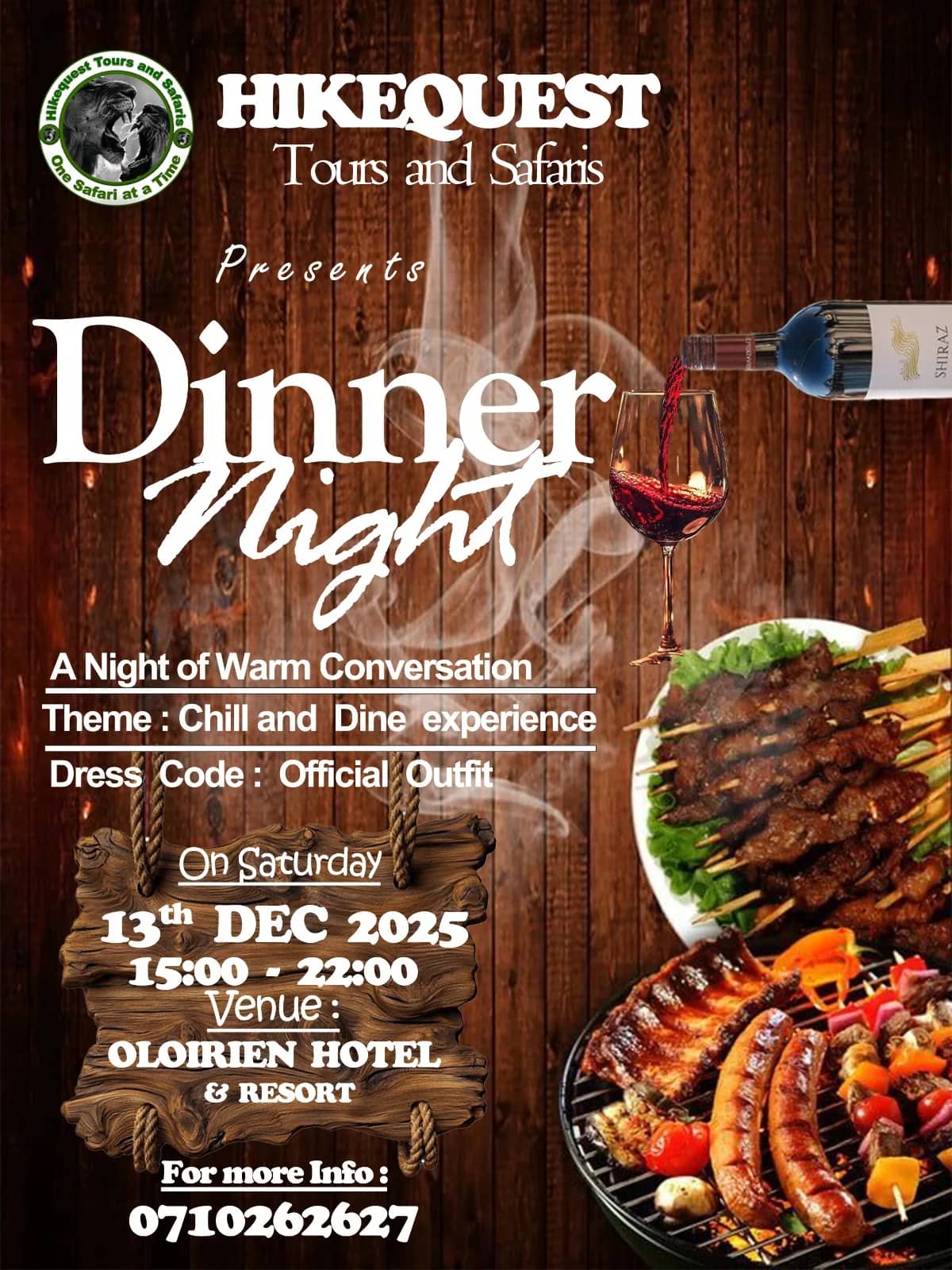 Poster for the Chill and Dine dinner night at Oloirien Hotel on 13 December 2025