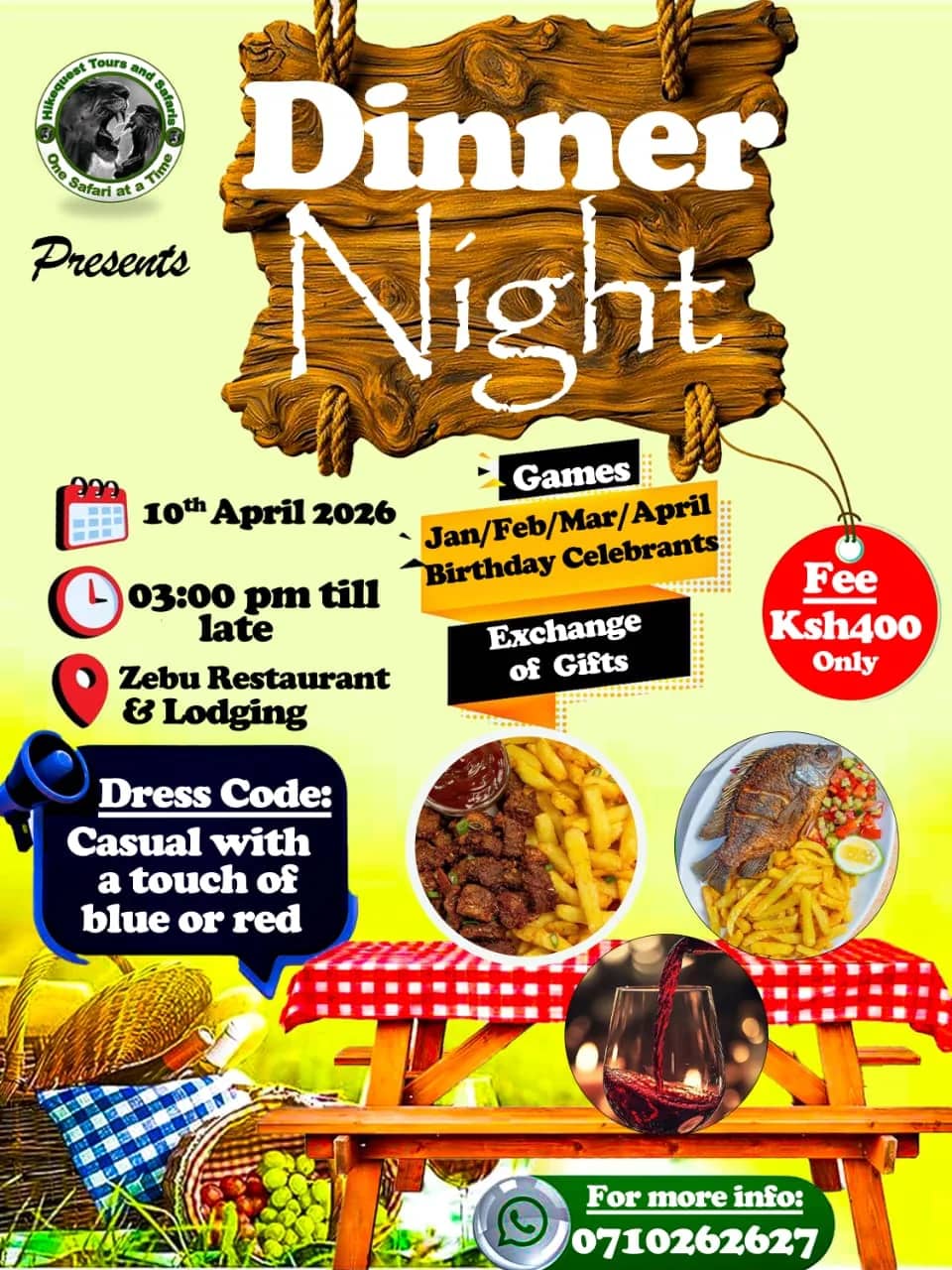 Poster for the dinner night at Zebu Restaurant on 10 April 2026