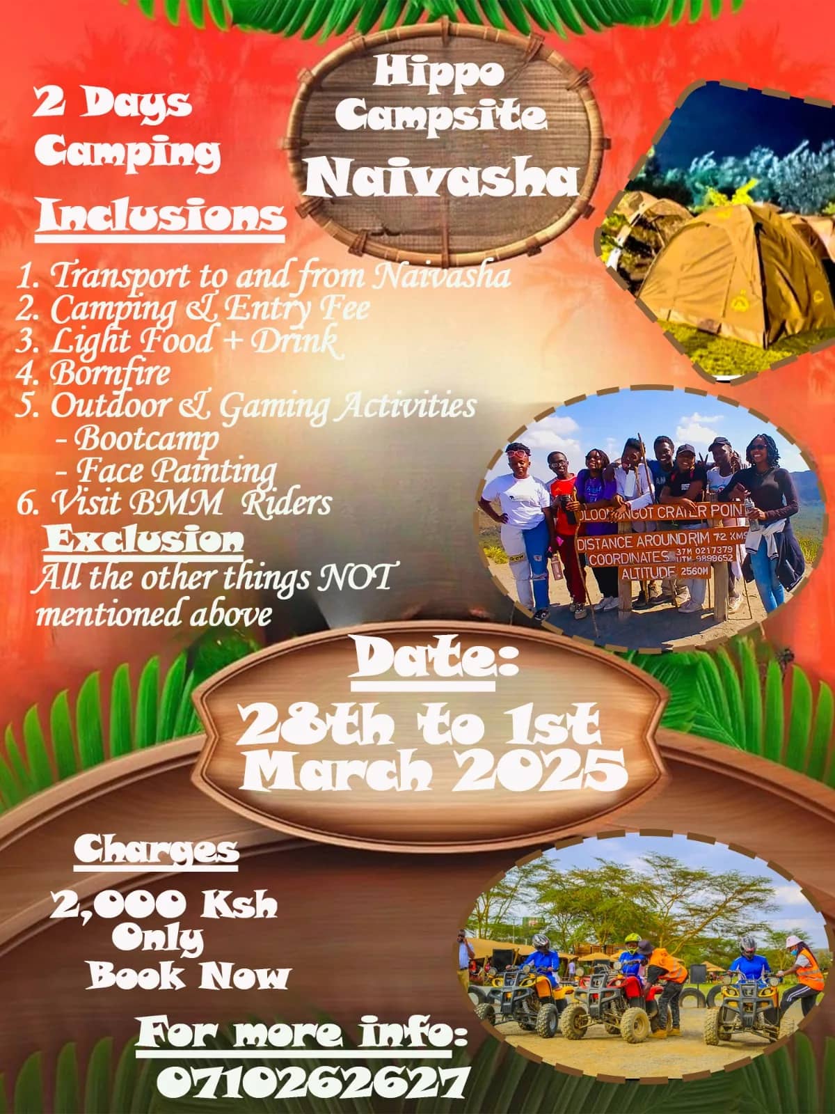 Poster for two days camping at Hippo Campsite Naivasha, 28 February to 1 March 2025