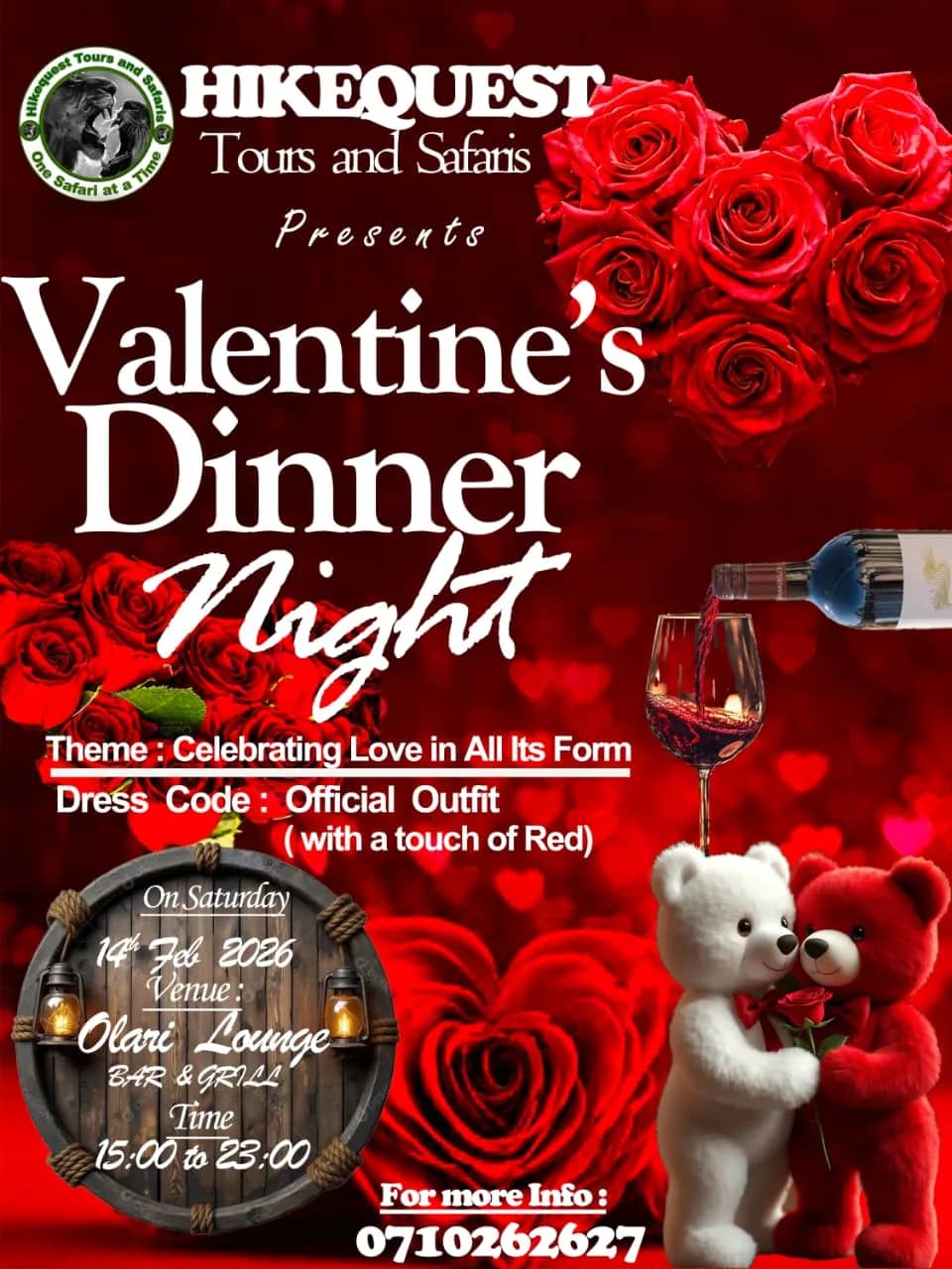 Poster for the Valentine's dinner night at Olari Lounge on 14 February 2026