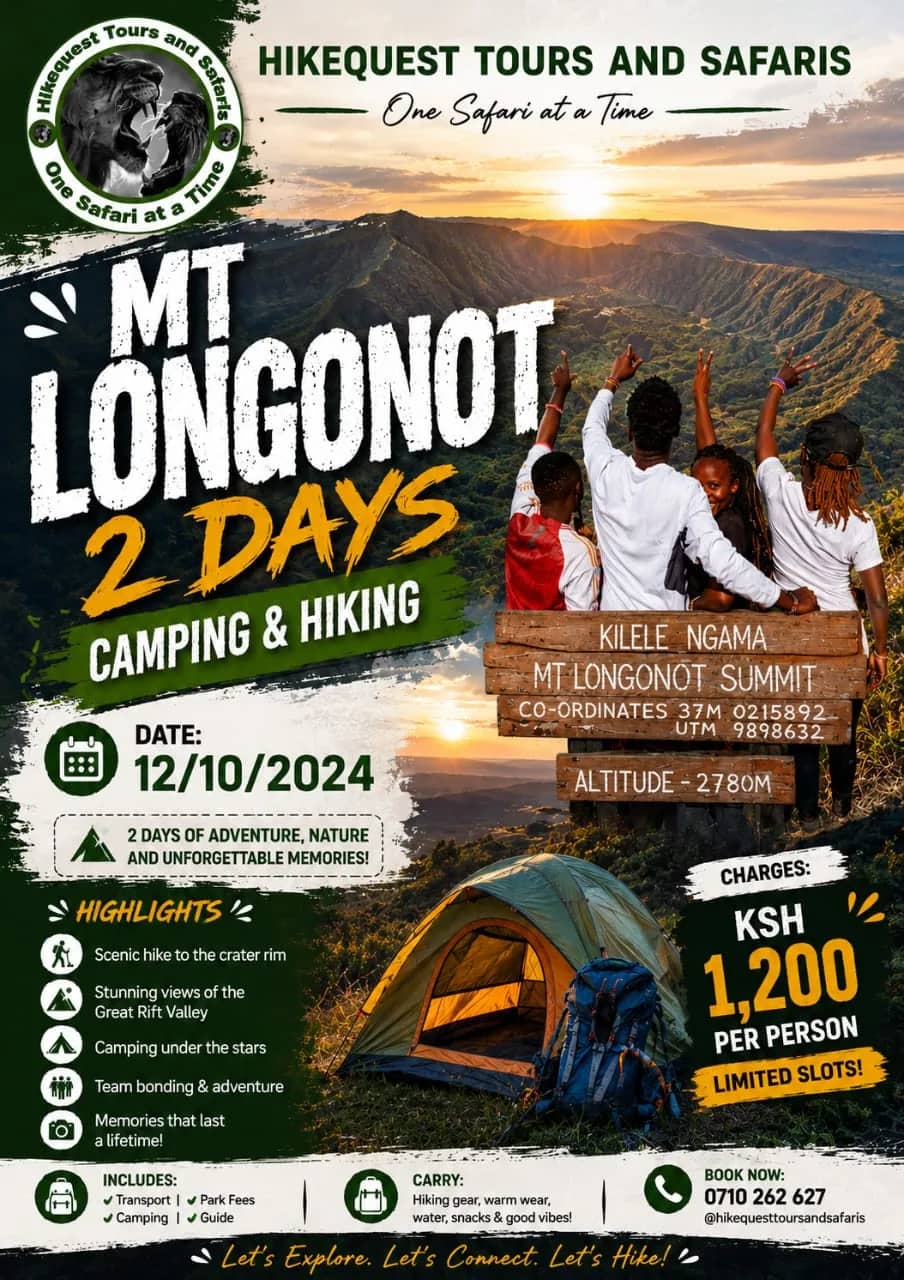 Poster for the Mount Longonot two-day camping and hiking trip on 12 October 2024